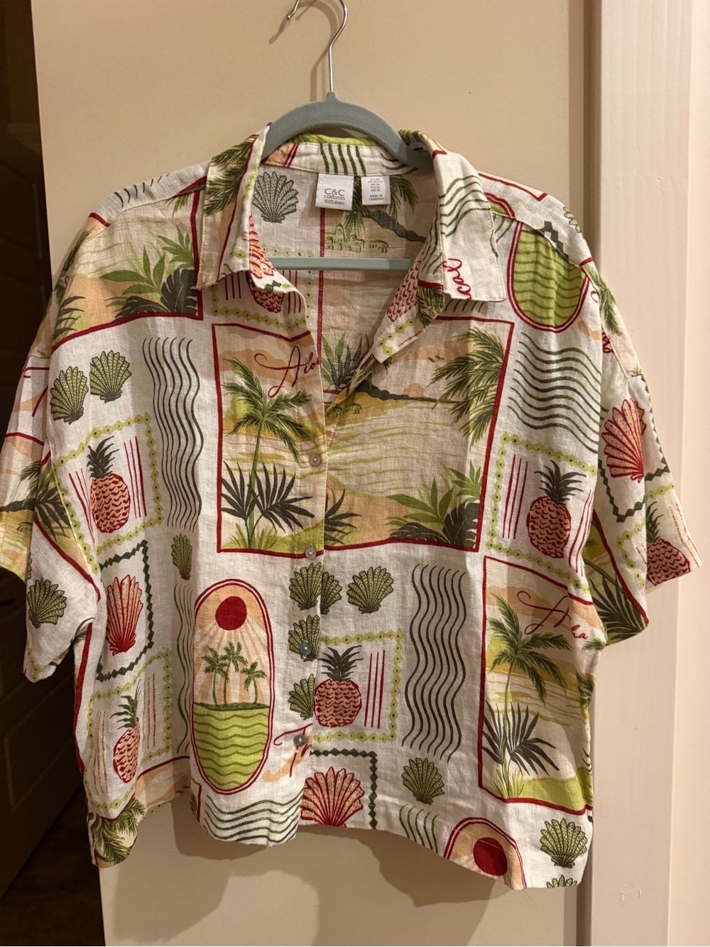 C&C California women’s Palm & Pineapple Print Short Sleeve Shirt - White/Green